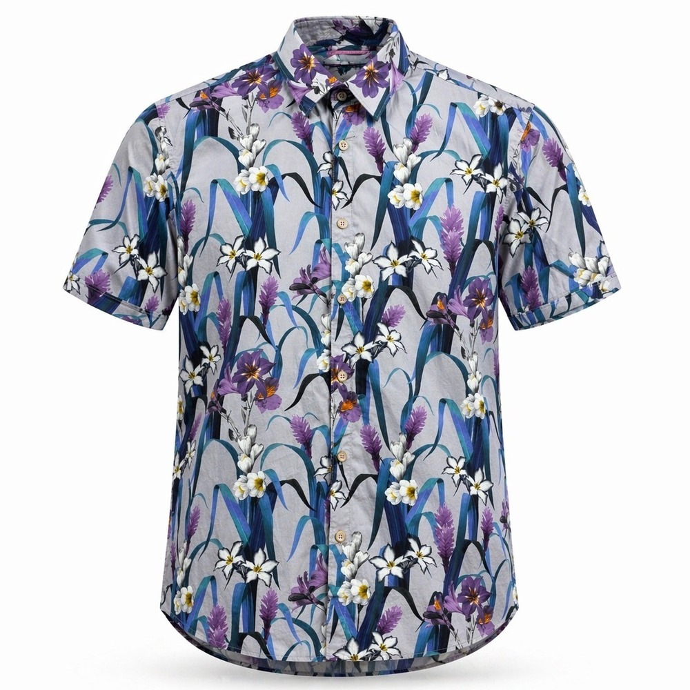 Ted Baker Sharky Button Down Men Size‎ 4 Large Grey Purple Floral Short Sleeve